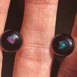 OOAK Vintage REAL OPAL Handmade Blown Glass Gauges Plugs Gauged Earrings Black